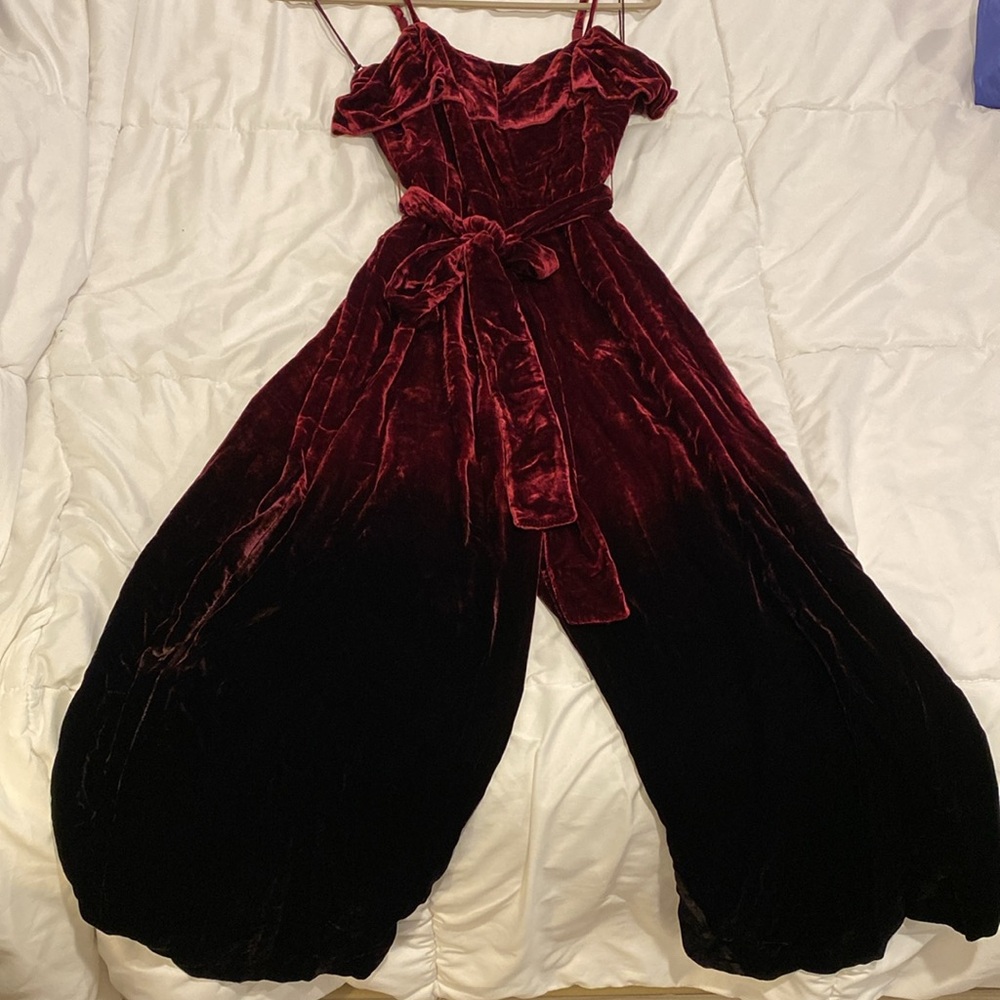 Alice + Olivia Ally Cropped Velvet Jumpsuit in Wine Ombre
